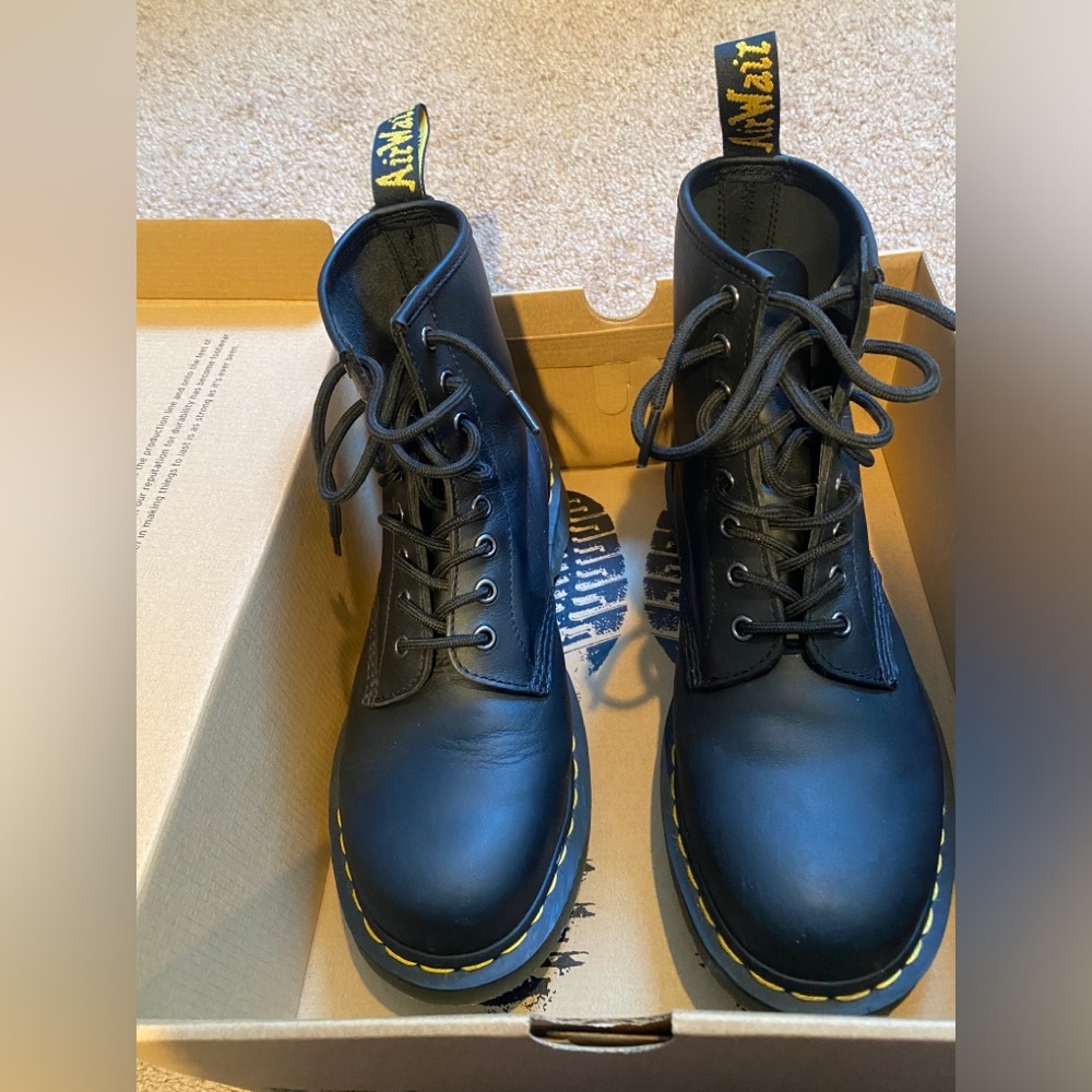 Dr. Martens Black Leather Combat Boots with Yellow Stitching - Picture 2 of 8